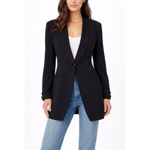 1990s Donna Karan New York Black Longline Blazer Jacket Glass Buttons M 8/10